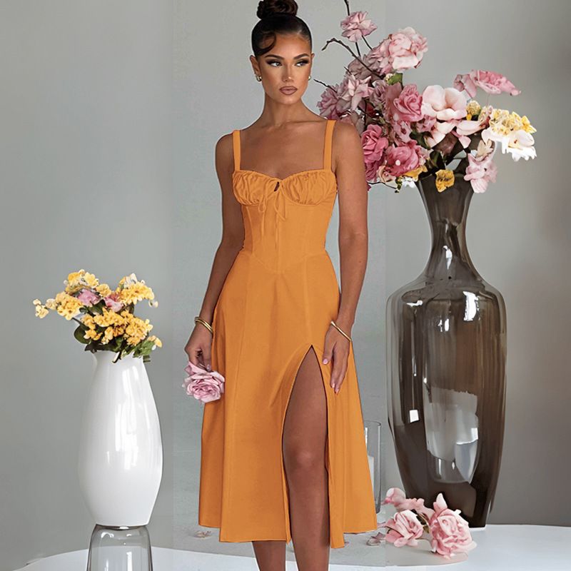 European And American Spring And Summer New Fashion Casual Lace Up Slim Fitting Slit Sling High End Dress For Women_ecoleips.com