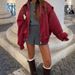 Oversized V-Neck Button-Down Shirt Jacket, Long Sleeve Workwear Blouse With Pockets, Wine Red/Brown Relaxed Office Top (S/M/L)_ecoleips.com
