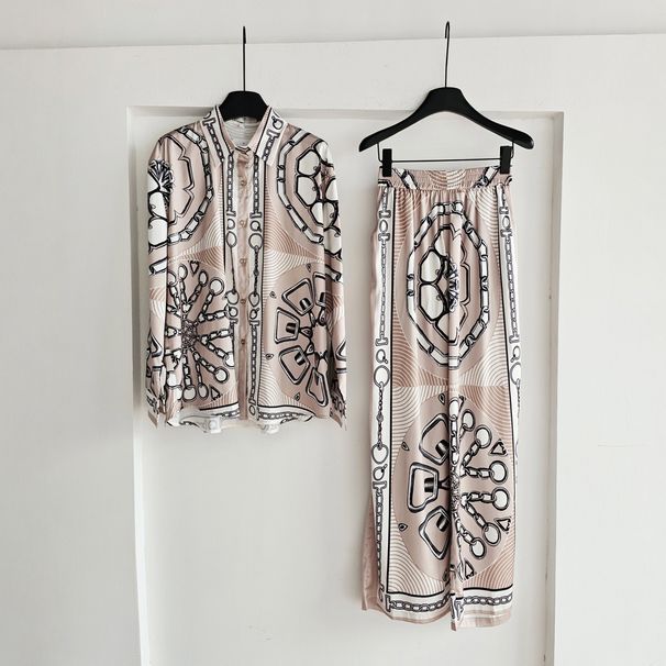 French Retro Women's Fashion Two Piece Set Rope Chain Print H Position Light Luxury Chain Style Top And Trousers_ecoleips.com