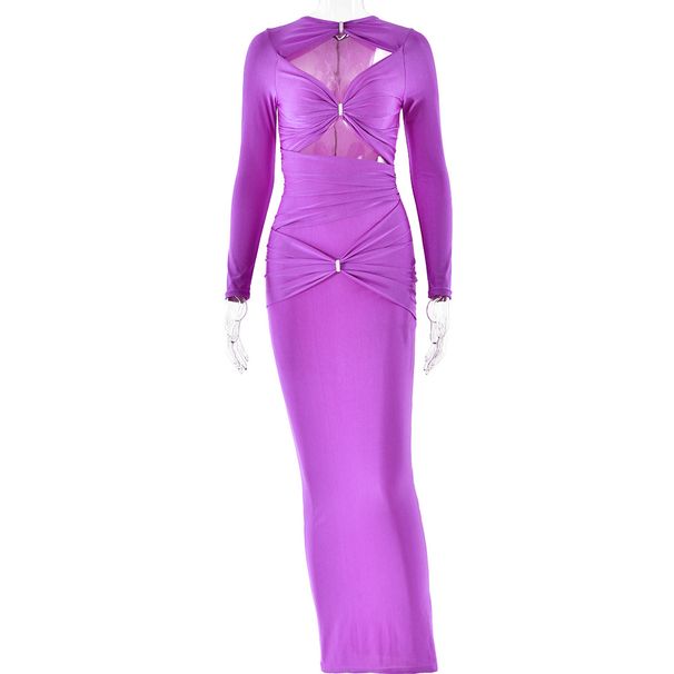 Women's Clothing Summer Round Neck Long Sleeved Dress Sexy Fashion Slim Hollow Solid Color Long Skirt_ecoleips.com