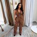 Women's Clothing Sexy Button Halter Neck Top Elastic Waist Pants Leopard Print Two Piece Suit_ecoleips.com