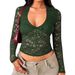 Women's Long Sleeved Lace V Neck Mesh Cropped Shirt Sexy Cute Y2K Autumn Fashion Top For Women_ecoleips.com