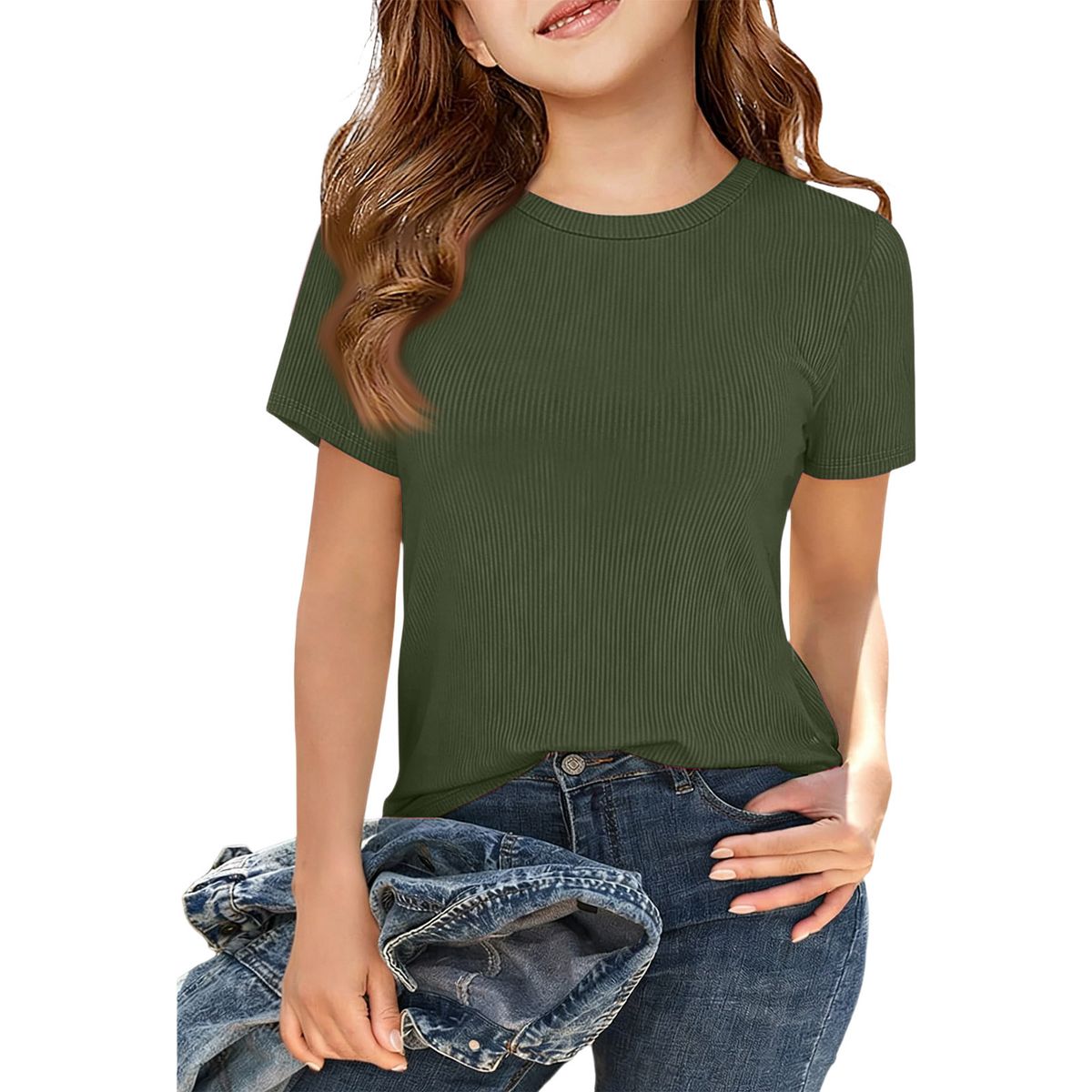 Women's Clothing Children's Long Sleeve Ribbed T-Shirt For Girls Elastic Round Neck Slim Fit Casual Basic Style_ecoleips.com
