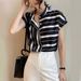Summer New Style Women's Elegant Stand Collar Striped Shirt Top Short Sleeve Elegant Fashionable Trendy_ecoleips.com
