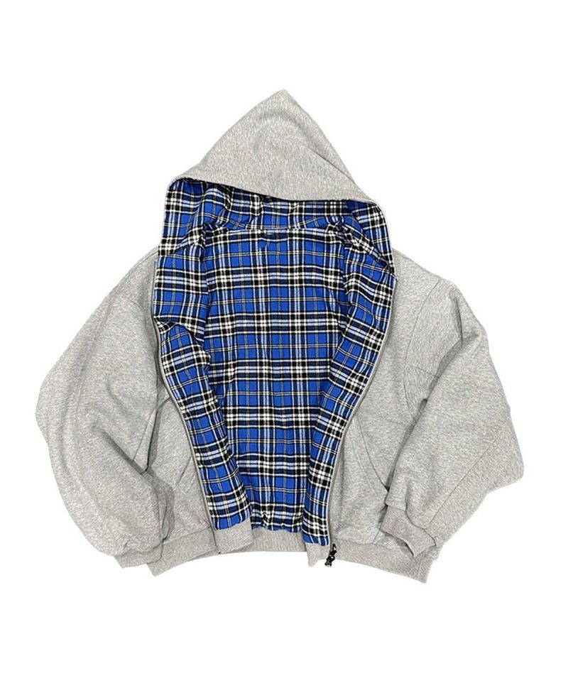 2025 Autumn Winter New Fashion Hooded Zipper Plaid Patchwork Reversible Sweatshirt For Men_ecoleips.com