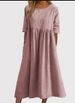 Summer Cotton Linen Blend Casual Dress Women's round Neck Short Sleeve Pocket Detail Pleated Loose Fit Independent Station Design 2025_ecoleips.com