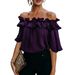 Women's Off-Shoulder Blouse With Flounce Sleeve - Elegant Ruffle Trim Casual Summer Top In Navy, Sky Blue, Black, White, Purple, Pink_ecoleips.com