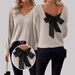 Elegant V-Neck Solid Color Sweater For Women | Loose Fit Long Sleeve Blouse With Bow Detail | Autumn Casual Top_ecoleips.com