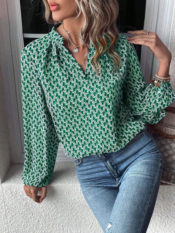 New European And American Cross-border Women's Printed Pleated Collar Lantern Sleeve French Elegant Blouse Top_ecoleips.com