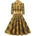 Autumn/Winter Grid-Print High-Collared Green Dress With Seven-Quarter Sleeves, Ribbon-Strapped And Butterfly-Button Deta_ecoleips.com