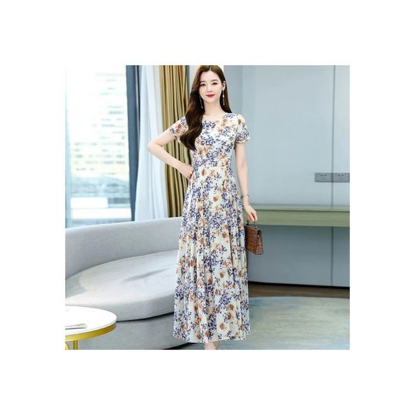 Bohemian Style Summer New For Women 2024 Fashion Versatile Short Sleeve Round Neck Elegant Beach Long Dress_ecoleips.com