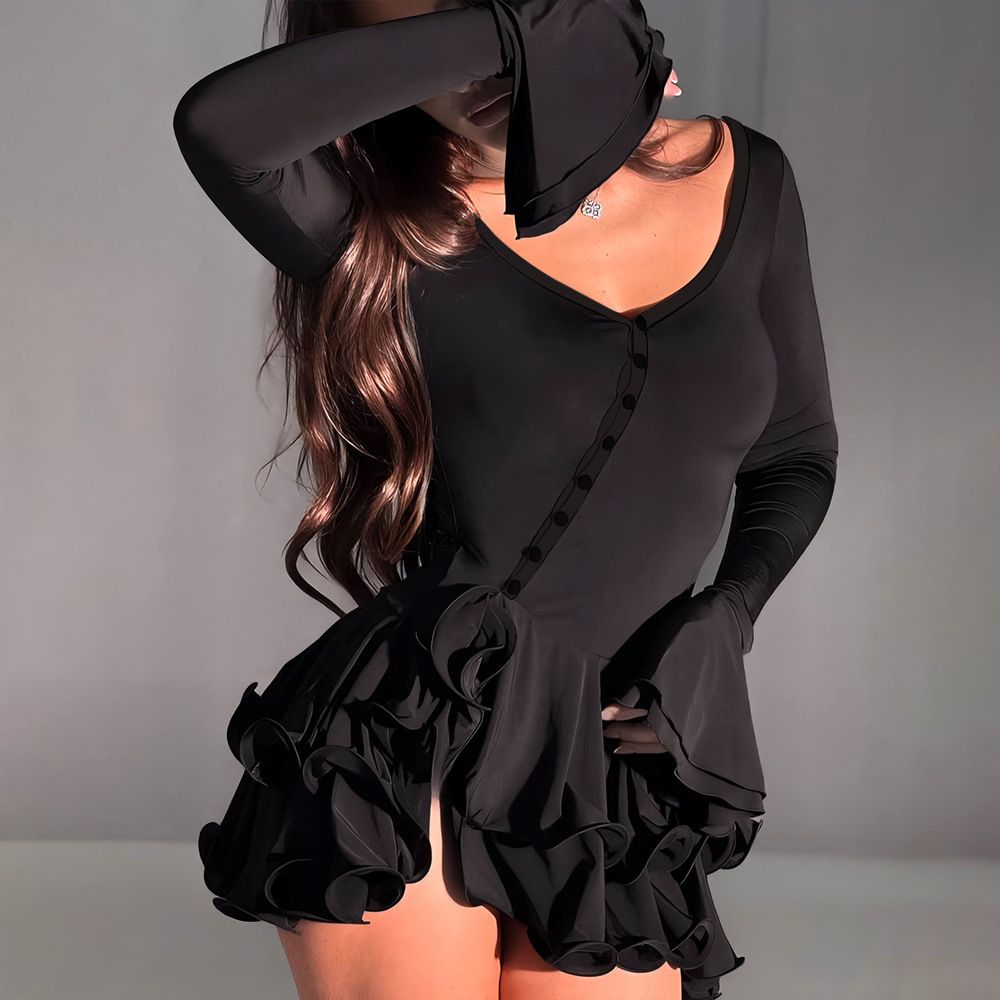 Women's European American Style Summer Dress Flared Sleeve Low Neck Slim Waist Sexy Button Detail 2025 New Arrival_ecoleips.com