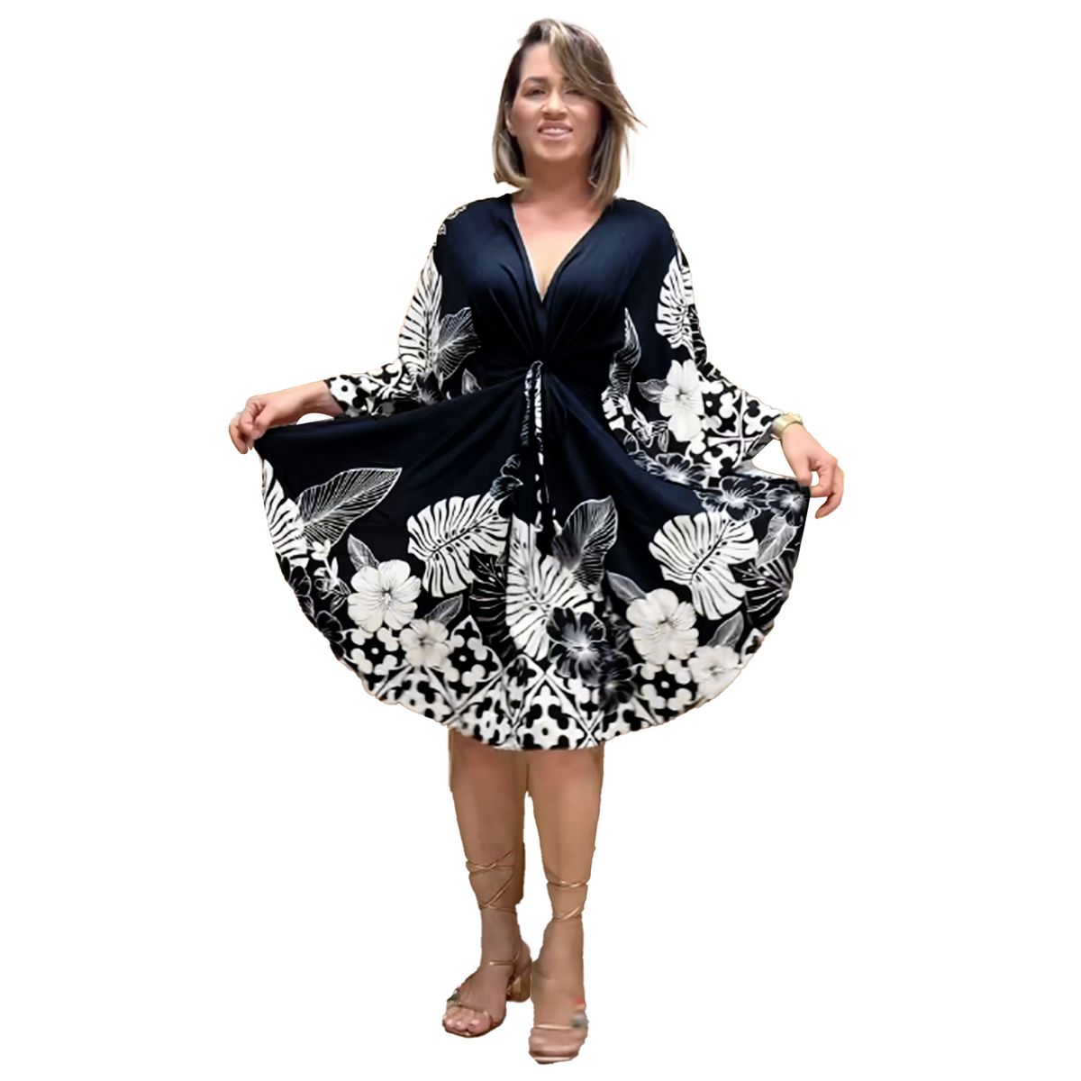 Women's Clothing Casual Fashion Printed Tie Strap Slit V Neck Long Sleeve Dress_ecoleips.com