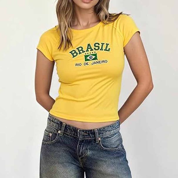 Summer Women's Short Sleeve T-Shirt Slim Fit Top Brazilian Flag Letter Embroidery Sexy World Cup Theme Casual Fashion_ecoleips.com