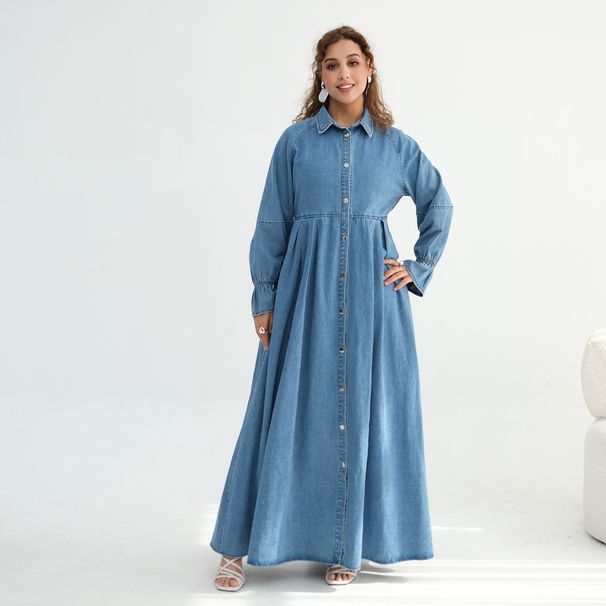 Voya Women's Tencel Lyocell & Cotton Denim Maxi Dress - Button Down Shirt Dress With Puff Sleeves & High Waist - Casual Elegant Long Dress_ecoleips.com