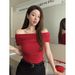 Women's Slim Fit Off-Shoulder Ribbed Stretch Tee Short Sleeve Crop Top Y2K Aesthetic T-Shirt for Summer_ecoleips.com