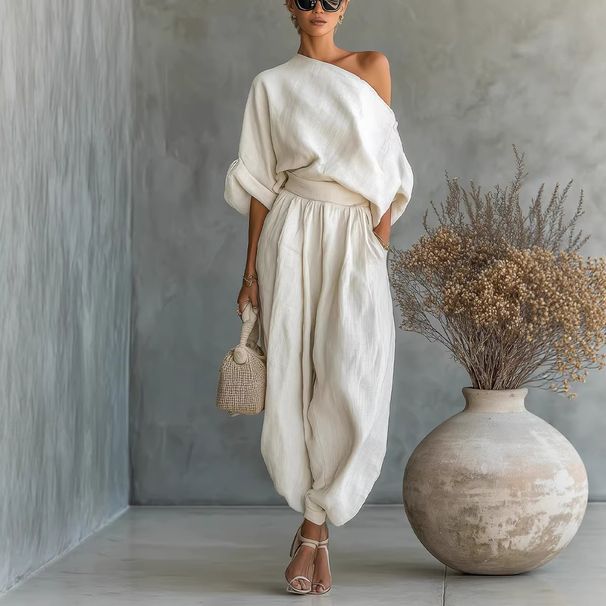 Women's Clothing Spring Casual Loose Wide Leg Pants And Lantern Tops Set Style Cotton Linen Blend Long Sleeve For Formal & Casual For Women_ecoleips.com