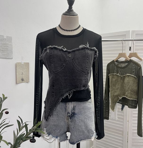 Women’s Clothing Real Shot Design Niche Denim Stitching Long Sleeved Mesh T Shirt Female Summer Round Neck Slim Short Top_ecoleips.com
