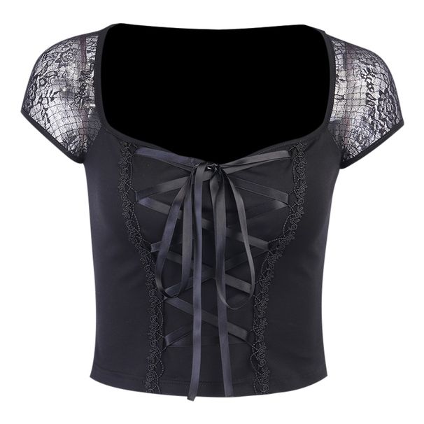 Sexy Street T-shirt Women Lace Patchwork Square Collar Short Sleeve Clothes Gothic Punk Lacing Slim Dark Top Tee Femme_ecoleips.com