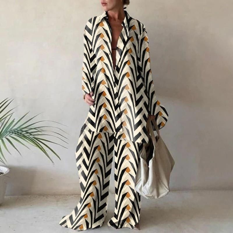 Women's Clothing New Product Set, Fashionable Printed Loose Long Sleeved Shirt + Straight Trousers For Women_ecoleips.com