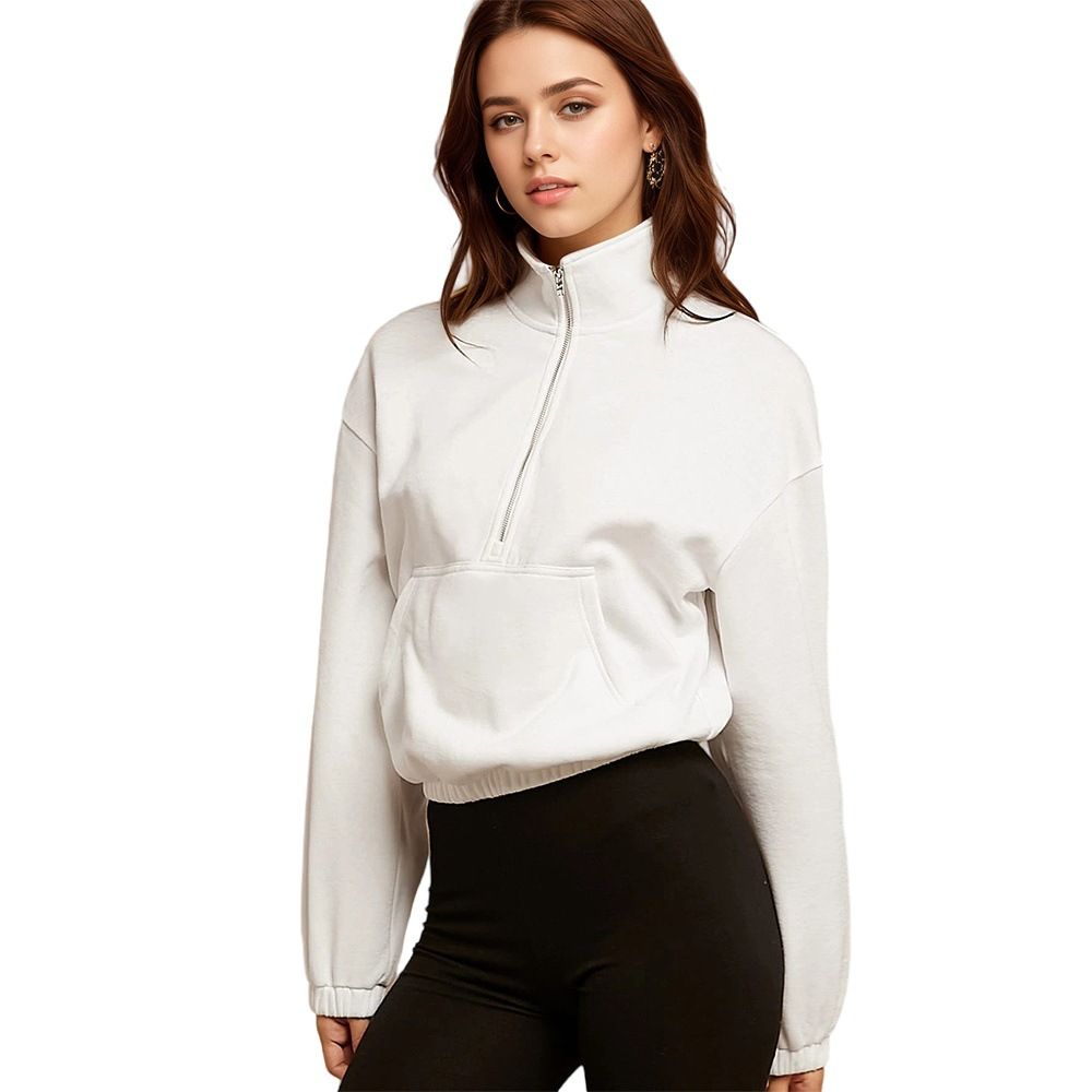 Voya Women's European And American White Pullover Hoodie, High Weight Cotton Fabric, Lazy Style,half Zipper Design, Medium To Long Length, Inner Layer_ecoleips.com