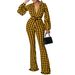 C8559 Cross-Border Women's Clothing 2023 Autumn/Winter New V-Neck Puff Sleeve Waist-Cinching Printed Wide-Leg Plus Size_ecoleips.com