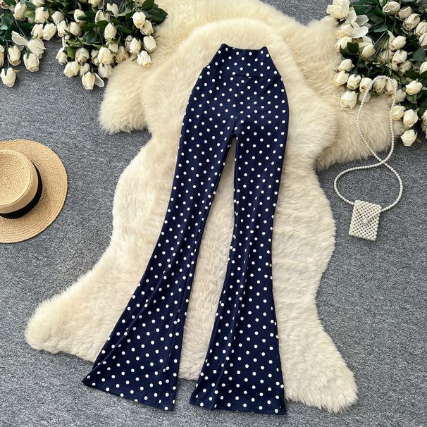 Retro High-Waisted Polka Dot Flared Pants For Women, Loose Fit Wide Leg Trousers With Stretch Waistband, Korean Style Boho Chic Lounge Palazzo Pants_ecoleips.com