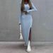 Women's Clothing American Fashion Set Long Sleeve Solid Color Knitted Skirt & T-Shirt Two-Piece Outfit Autumn Winter_ecoleips.com