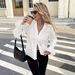 Women's Petite Long Sleeve Blouse Lace-Trimmed V-Neck Detail Tie Top Clothing_ecoleips.com