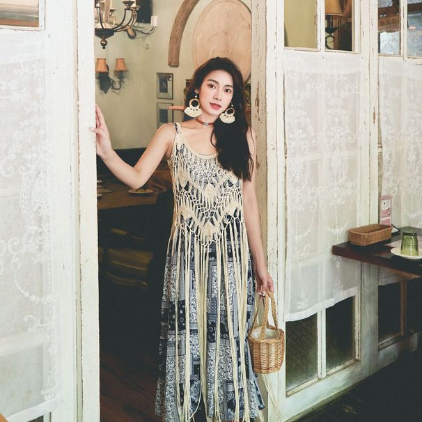 Summer Retro Ethnic Style Bohemian Seaside Vacation Long Tassel Strap Top For Women, Handmade Crochet_ecoleips.com