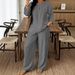 Women's Autumnal Two-Piece Suit Long Sleeved V-Neck Button down Shirt & Wide Leg Pants European American Style_ecoleips.com