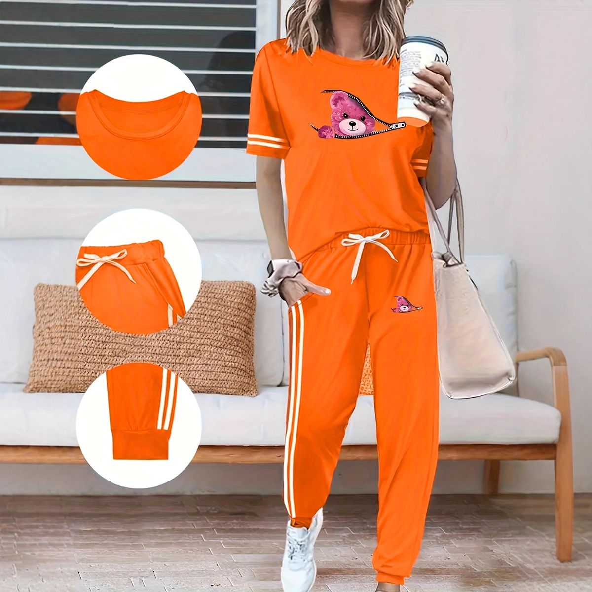 Women's Spring Summer Two Piece Set Round Neck Short Sleeve High Waisted Side Pocket Pants 3506Z32_ecoleips.com