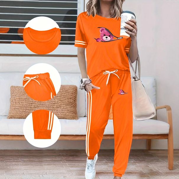 Women's Spring Summer Two Piece Set Round Neck Short Sleeve High Waisted Side Pocket Pants 3506Z32_ecoleips.com
