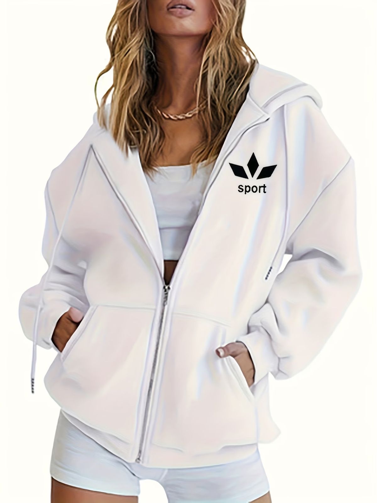 Men's & Women's Oversized Hooded Zip-Up Sweatshirt - Fleece-Lined Pullover With Trendy Print (White/Black/Grey/Red/Pink)_ecoleips.com