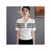 Women's Korean Style Striped Half-Zip White Short Sleeve Knit Top - Breathable Summer Casual Shirt With Unique Design_ecoleips.com