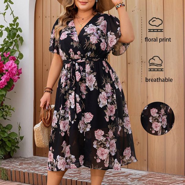 Wish V-neck Summer 2024 New Style With Flutter Sleeves, Waist-cinching Floral Print, And Large Hem Dress_ecoleips.com