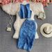 Women's Clothing New Slim Fit Zipper Short Denim Camisole Two Piece Suit Irregular Slit Hip Skirt_ecoleips.com