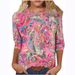 Women's Clothing Tops Three Quarter Sleeves Summer Ethnic Floral Slim Tops Round Neck Slim Print T Shirt_ecoleips.com