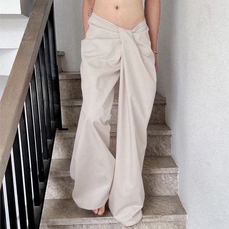 Women's Wide Leg Pants Twisted Pleated Waistband Drape Straight Leg Trousers Solid Color Niche Street Style_ecoleips.com