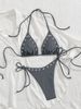 Sexy Three Piece Bikini Set Solid Color Backless Halter Neck Swimsuit for Women European American Style Cross Border Swimwear_ecoleips.com