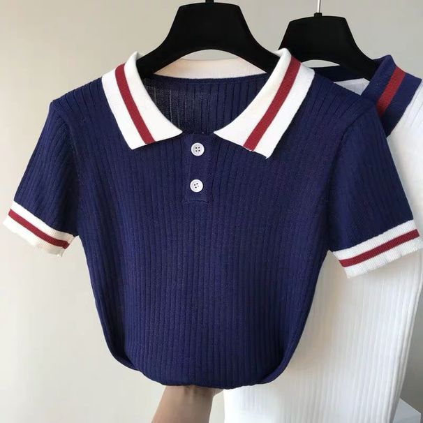 Women's Clothing Short Sleeved T Shirts Tops College Style Lapel Sweaters_ecoleips.com