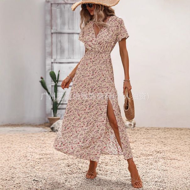 Cross-border Foreign Trade Women's 2025 Summer New European And American Style Waist-cinching Floral V-neck Short-sleeve_ecoleips.com