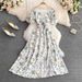 Floral Print Tea Break Dress Summer Style Slimming Flattering Square Neck a Line Full Skirt Gentle Sweet First Love Style_ecoleips.com