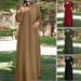 In-stock Muslim Women's Clothing New Model: Cross-border Arabic Solid Color Dress With Ribbon, Puff Sleeves, Loose Fit,_ecoleips.com