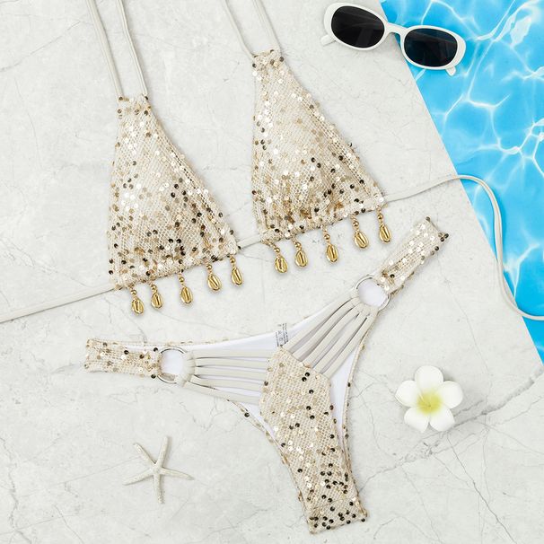 Women's Glitter Bikini Set Seashell Design Low-Rise Separates Hollow-Out Swimwear Sexy Fashionable Beachwear_ecoleips.com