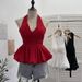Women's Polka Dot Halter Neck Backless Tank Top With Bow Tie Waist Slimming Short Sleeve Summer Fashion Top_ecoleips.com