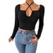 Voya Women's 2026 Autumn And Winter New Sexy Hollow Out Strap Slim Fit Short Knitted Long Sleeved T-shirt Top_ecoleips.com