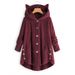 Women's Fluffy Hooded Cat Ear Button-Up Jacket With Asymmetrical Design - Cozy Oversized Streetwear Coat In Solid & Animal Print_ecoleips.com
