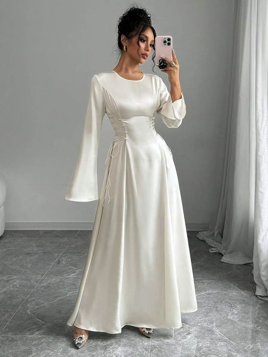 Women's Long Sleeved Satin Dress with Fitted Waist Arabian Style Middle Eastern Saudi Arabia Dubai Fashion Muslim Clothing_ecoleips.com