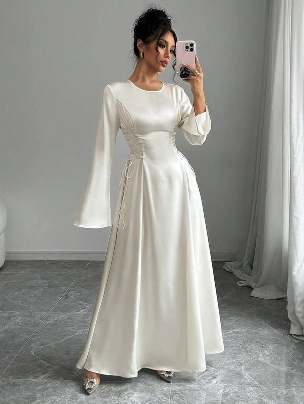 Women's Long Sleeved Satin Dress with Fitted Waist Arabian Style Middle Eastern Saudi Arabia Dubai Fashion Muslim Clothing_ecoleips.com